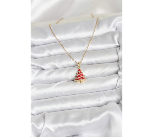 316L Çelik Zincir Gold Renk Kırmızı Çam Ağacı Model Yılbaşı Temalı Kadın Kolye - TJ-BKO10714