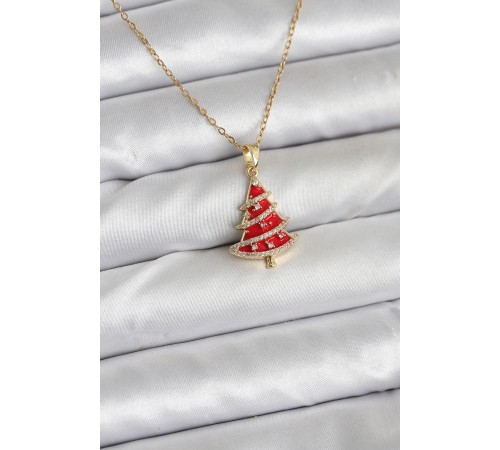 316L Çelik Zincir Gold Renk Kırmızı Çam Ağacı Model Yılbaşı Temalı Kadın Kolye - TJ-BKO10714