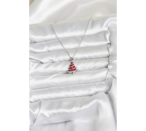 316L Çelik Zincir Gümüş Renk Kırmızı Çam Ağacı Model Yılbaşı Temalı Kadın Kolye - TJ-BKO10715