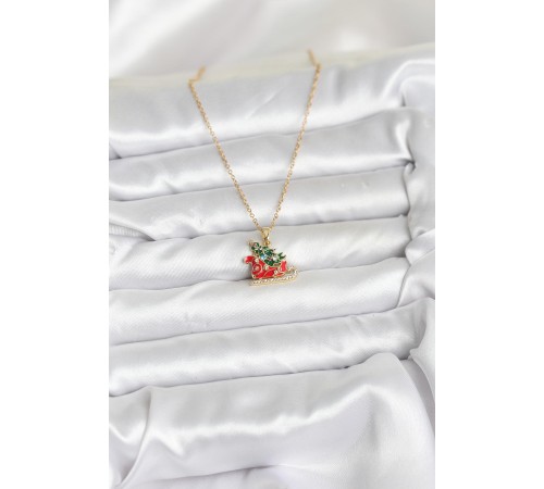 316L Çelik Zincir Gold Renk Kızak ve Çam Ağacı Figürlü Yılbaşı Temalı Kadın Kolye - TJ-BKO10716