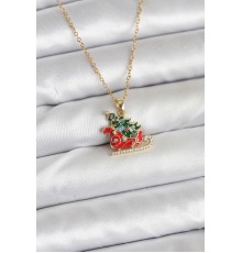 316L Çelik Zincir Gold Renk Kızak ve Çam Ağacı Figürlü Yılbaşı Temalı Kadın Kolye - TJ-BKO10716