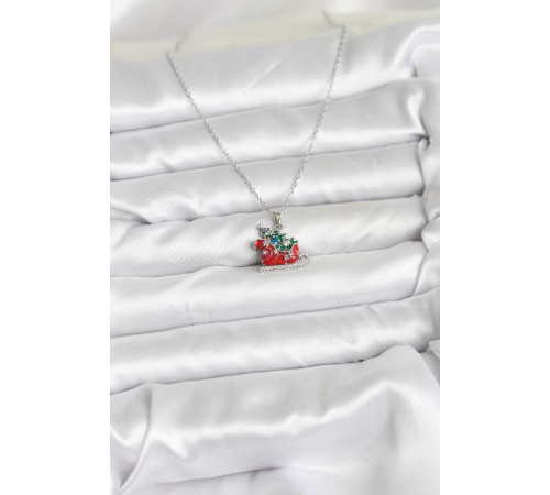 316L Çelik Zincir Gümüş Renk Kızak ve Çam Ağacı Figürlü Yılbaşı Temalı Kadın Kolye - TJ-BKO10717