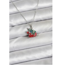 316L Çelik Zincir Gümüş Renk Kızak ve Çam Ağacı Figürlü Yılbaşı Temalı Kadın Kolye - TJ-BKO10717