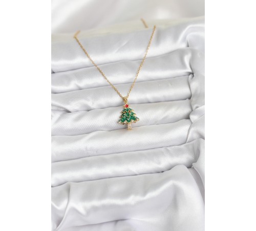 316L Çelik Zincir Gold Renk Çam Ağacı Model Yılbaşı Temalı Kadın Kolye - TJ-BKO10720