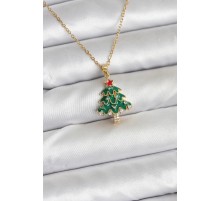 316L Çelik Zincir Gold Renk Çam Ağacı Model Yılbaşı Temalı Kadın Kolye - TJ-BKO10720