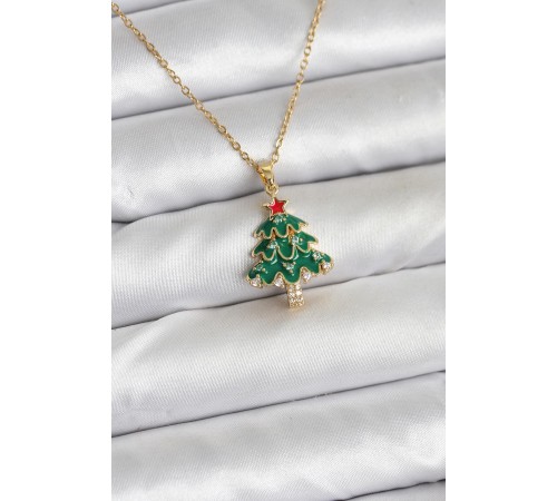 316L Çelik Zincir Gold Renk Çam Ağacı Model Yılbaşı Temalı Kadın Kolye - TJ-BKO10720