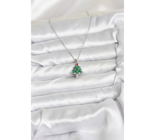 316L Çelik Zincir Gümüş Renk Çam Ağacı Model Yılbaşı Temalı Kadın Kolye - TJ-BKO10721
