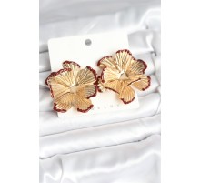 Pirinç Gold Renk Bordo Renk Detaylı Lotus Kadın Küpe - TJ-BKP11366