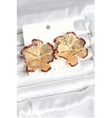 Pirinç Gold Renk Bordo Renk Detaylı Lotus Kadın Küpe - TJ-BKP11366