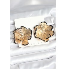 Pirinç Gold Renk Siyah Mine Detaylı Lotus Kadın Küpe - TJ-BKP11368
