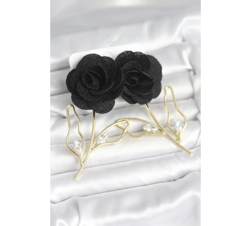 Pirinç Gold Renk Siyah Gül Model Kadın Küpe - TJ-BKP11369