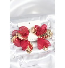 Pirinç Gold Renk Bordo Tüllü Lotus Kadın Küpe - TJ-BKP11372