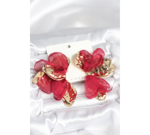 Pirinç Gold Renk Bordo Tüllü Lotus Kadın Küpe - TJ-BKP11372