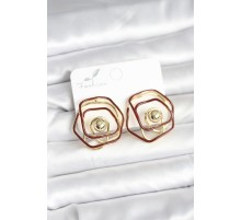 Pirinç Gold Renk Bordo Mineli Geometrik Gül Model Kadın Küpe - TJ-BKP11374