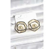 Pirinç Gold Renk Siyah Mineli Geometrik Gül Model Kadın Küpe - TJ-BKP11376