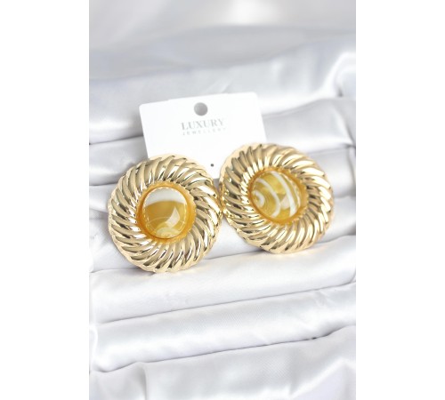 Pirinç Gold Renk Kehribar Boncuklu Vintage Kadın Küpe - TJ-BKP11387