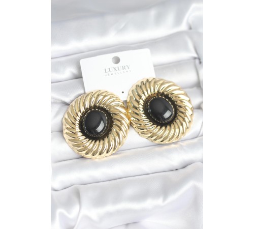 Pirinç Gold Renk Siyah Boncuklu Vintage Kadın Küpe - TJ-BKP11388