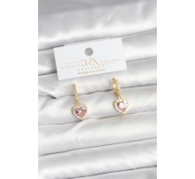Pirinç Gold Pembe Renk Zirkon Taşlı Kalp Model Kadın Küpe - TJ-BKP11393