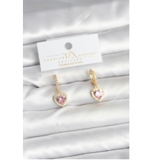 Pirinç Gold Pembe Renk Zirkon Taşlı Kalp Model Kadın Küpe - TJ-BKP11393