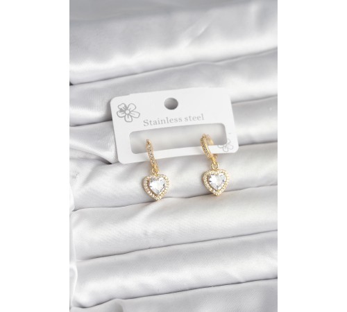 Pirinç Gold Renk Zirkon Taşlı Kalp Model Kadın Küpe - TJ-BKP11394