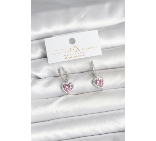 Pirinç Gümüş Pembe Renk Zirkon Taşlı Kalp Model Kadın Küpe - TJ-BKP11395