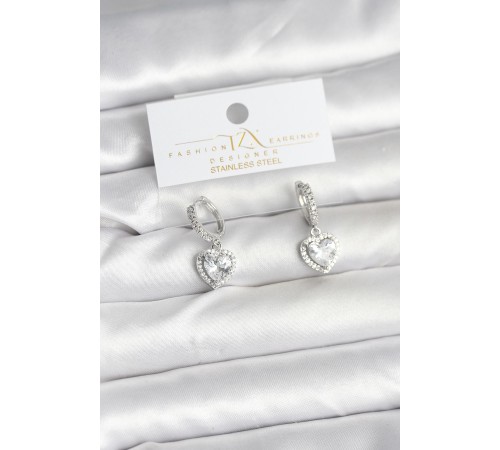 Pirinç Gümüş Renk Zirkon Taşlı Kalp Model Kadın Küpe - TJ-BKP11396