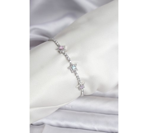 Renkli Yıldız Model Zirkon Taşlı Gümüş Renk Pirinç Su Yolu Kadın Bileklik - TJ-BB8101