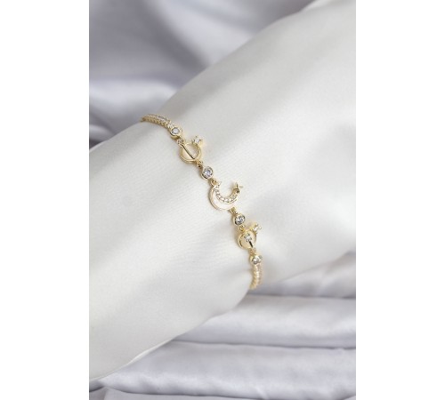 Charmlı Model Zirkon Taşlı Gold Renk Su Yolu Kadın Bileklik - TJ-BB8108