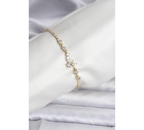 Çiçekli Model Zirkon Taşlı Gold Renk Su Yolu Kadın Bileklik - TJ-BB8110