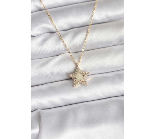 Pirinç Gold Renk Zincirli Yıldızlı Model Kadın Kolye - TJ-BKO10751