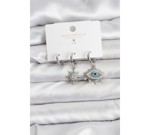 Göz Model Gümüş Renk Pirinç 3'lü Kadın Küpe Seti - TJ-BKP11440