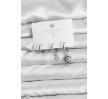 Nazar Model Gümüş Renk Pirinç 3'lü Kadın Küpe Seti - TJ-BKP11442