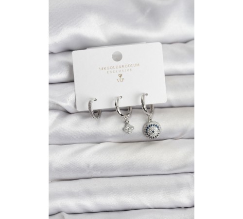 Nazar Model Gümüş Renk Pirinç 3'lü Kadın Küpe Seti - TJ-BKP11442