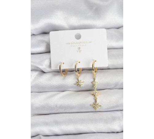 Kutup Yıldızı Model Gold Renk Pirinç 3'lü Kadın Küpe Seti - TJ-BKP11443