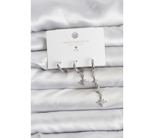 Kutup Yıldızı Model Gümüş Renk Pirinç 3'lü Kadın Küpe Seti - TJ-BKP11444