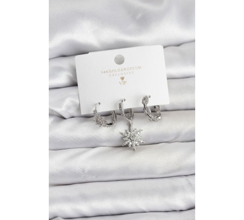 Pirinç Gümüş Renk Kutup Yıldızı Model 3'lü Kadın Küpe Seti - TJ-BKP11448