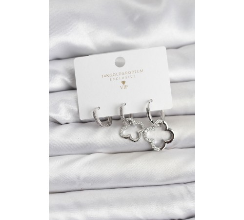 Yonca Model Gümüş Renk Pirinç 3'lü Kadın Küpe Seti - TJ-BKP11452