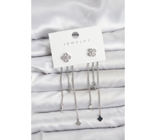 Pirinç Gümüş Renk Yonca Model Sallantılı Kadın Küpe - TJ-BKP11454