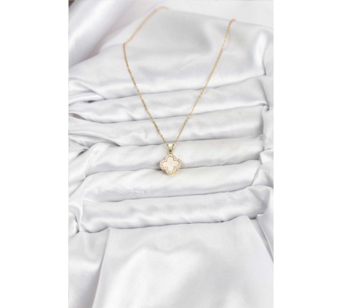 316L Çelik Zincir Gold Renk Sedefli Yonca Kadın Kolye - TJ-BKO10765