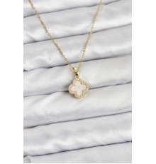 316L Çelik Zincir Gold Renk Sedefli Yonca Kadın Kolye - TJ-BKO10765