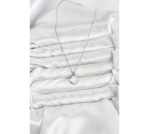 316L Çelik Zincir Gümüş Renk Sedefli Yonca Kadın Kolye - TJ-BKO10766