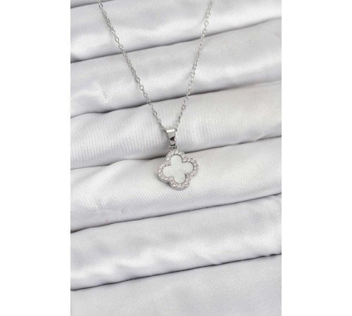 316L Çelik Zincir Gümüş Renk Sedefli Yonca Kadın Kolye - TJ-BKO10766