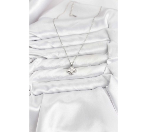 316L Çelik Zincir Gümüş Renk Zirkon Taşlı Yonca Model Kadın Kolye - TJ-BKO10768