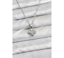 316L Çelik Zincir Gümüş Renk Zirkon Taşlı Yonca Model Kadın Kolye - TJ-BKO10768