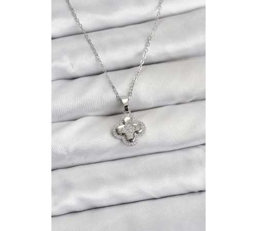 316L Çelik Zincir Gümüş Renk Zirkon Taşlı Yonca Model Kadın Kolye - TJ-BKO10768