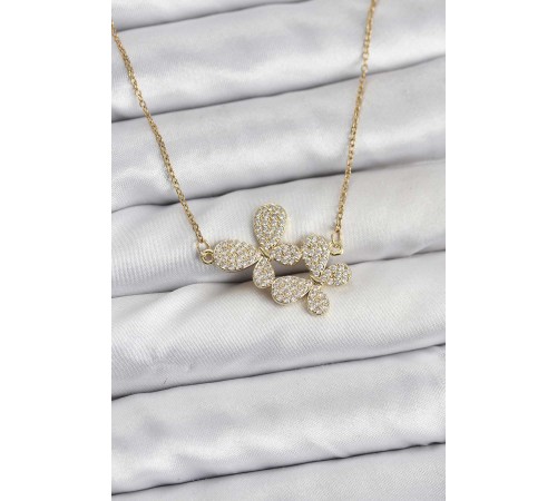 316L Çelik Zincir Gold Renk Zirkon Taşlı Kelebek Model Kadın Kolye - TJ-BKO10769