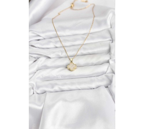 316L Çelik Zincir Gold Renk Zirkon Taşlı Yonca Model Kadın Kolye - TJ-BKO10771