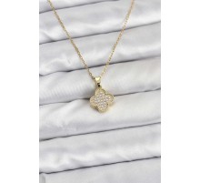 316L Çelik Zincir Gold Renk Zirkon Taşlı Yonca Model Kadın Kolye - TJ-BKO10771