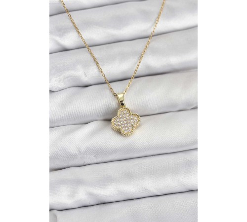 316L Çelik Zincir Gold Renk Zirkon Taşlı Yonca Model Kadın Kolye - TJ-BKO10771