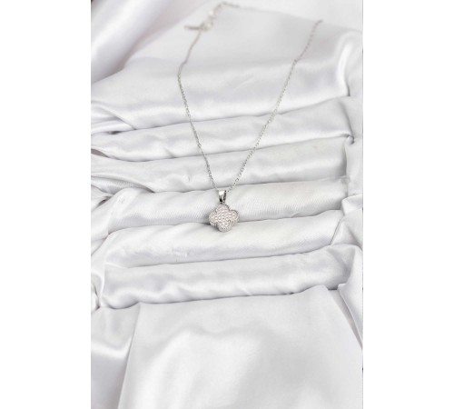 316L Çelik Zincir Gümüş Renk Zirkon Taşlı Yonca Model Kadın Kolye - TJ-BKO10772